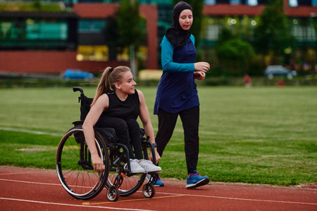 A Muslim woman in a burqa running together with a woman in a wheelchair on the marathon course, preparing for future competitions.の写真素材