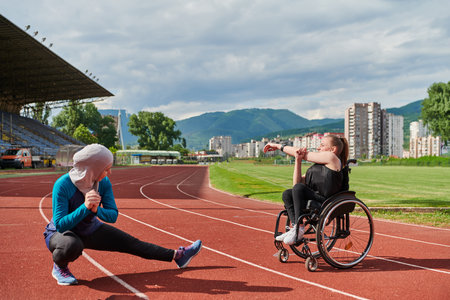 Two strong and inspiring women, one a Muslim wearing a burka and the other in a wheelchair stretching and preparing their bodies for a marathon race on the trackの写真素材