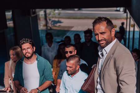 A diverse group of businessmen and colleagues walking together by their workplace, showcasing...
