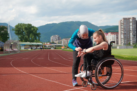 A woman with disability in a wheelchair talking with friend after training on the marathon courseの写真素材