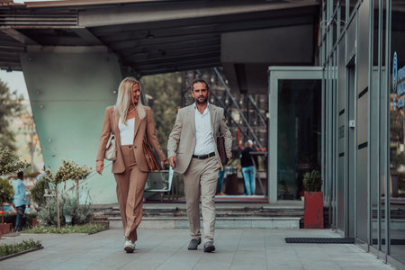 Modern business couple after a long days work, walking together towards the comfort of their home, embodying the perfect blend of professional success and personal contentment.の写真素材
