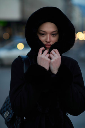 Muslim woman walking on an urban city street on a cold winter night wearing hijabの写真素材
