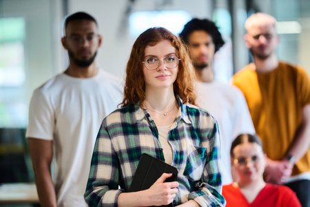 A diverse group of young business people walking a corridor in the glass-enclosed office of a modern startup, including a person in a wheelchair and a woman wearing a hijabの写真素材