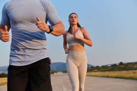 A group of friends maintains a healthy lifestyle by running outdoors on a sunny day, bonding over...