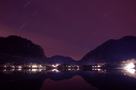 startrail is a trail of starlight that appears across the sky as a meandering or circular lineの写真素材