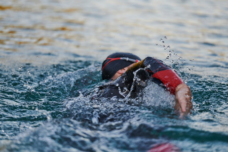 Triathlon athlete swimming on lake in sunrise wearing wetsuitの写真素材