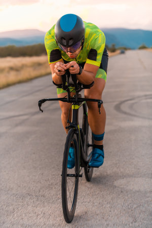 Triathlete riding his bicycle during sunset, preparing for a marathon. The warm colors of the sky provide a beautiful backdrop for his determined and focused effort.の写真素材