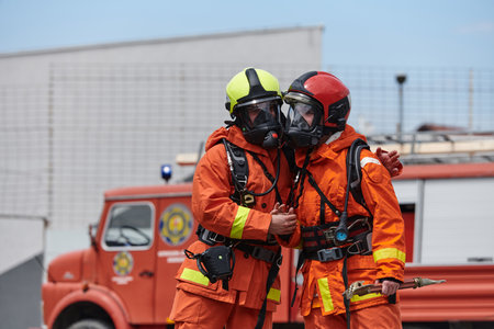 A unified team of firefighters, adorned in their uniforms, engages in a heartfelt celebration marked by triumphant salutes and cheers, embodying the joy and gratitude following the successful completion of a challenging firefighting missionの写真素材