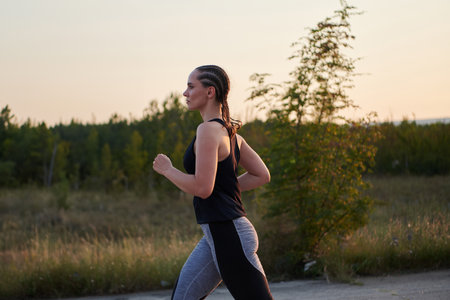 Solo Stride: Determined Athlete Woman Embarks on Fitness Journey for Marathon Preparation.の写真素材