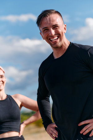 Morning Rest Couple Relaxing After Challenging Run.の写真素材