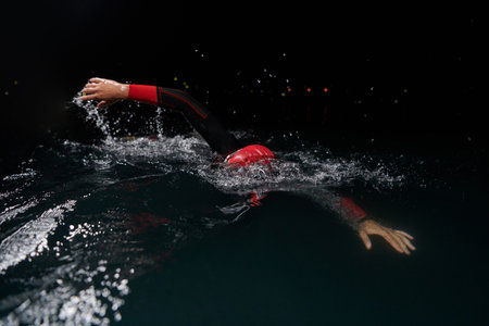 A determined professional triathlete undergoes rigorous night time training in cold waters, showcasing dedication and resilience in preparation for an upcoming triathlon swim competition.の写真素材