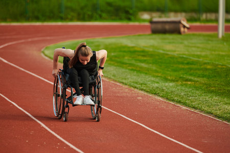 A woman with disablity driving a wheelchair on a track while preparing for the Paralympic Gamesの写真素材