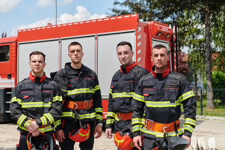 Team of Professional Firefighters Ready in Full Gear for Dangerous Situationsの写真素材