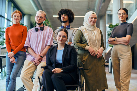 In a spacious and modern startup office, a diverse group of business colleagues, including a colleague in a wheelchair, collaborates and interacts, exemplifying inclusivity, diversity, and teamwork in the contemporary corporate worldの写真素材