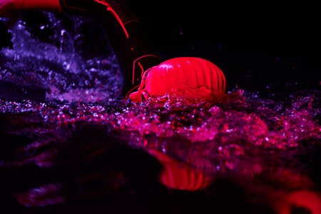 Real triathlete swimmer having a break during hard training at lake on dark night neon gel color lightsの写真素材