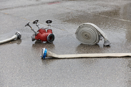 Coiled Fire Hose Ready for Action on the Groundの写真素材