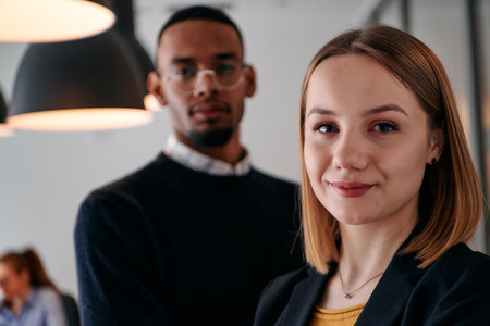 Dynamic Leadership Duo: Blonde Director and Young African American Entrepreneur in Office Setting.の写真素材