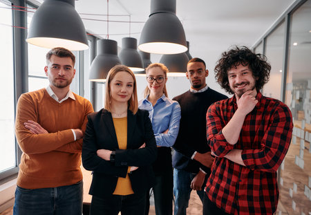 Diverse Business Team Standing United in Modern Office Ready for New Challenges.の写真素材