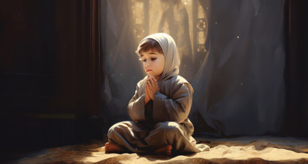 In a tender moment, a young girl engages in the Islamic ritual of "abdest," cleansing and purifying his body before prayer, embodying the spiritual traditions and cultural practices associated with Islamic worship.Generated imageの素材