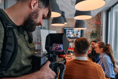 Capturing Corporate Dynamics: Videographer Films Business Meeting in Modern Office.の写真素材