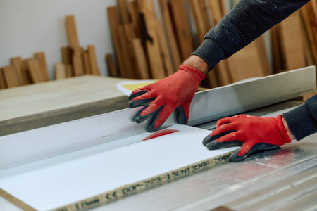 Close Up of Worker Carefully Cutting and Planing Wooden Pieces for Furniture in Wood Industryの写真素材