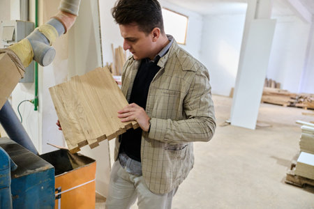 Production Manager Demonstrating Woodcraft Techniques to Employee for Decorative and Residential...