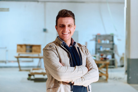 Forestry Industry Director Overseeing Production Floor in Woodworking Facilityの写真素材