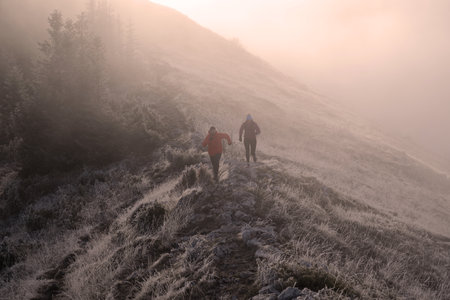 trail running couple man and woman running on a mountain pathの写真素材
