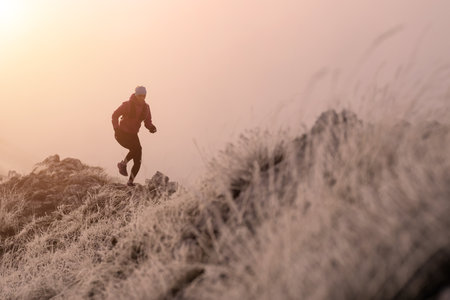 trail running woman athlete prepares for ultra-marathon race in a mountainの写真素材