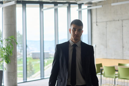 A determined businessman in a black suit confidently walks through the office, embodying...