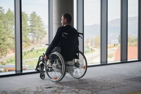 A director in a wheelchair sitting alone in an empty office, deeply reflecting on business strategies and decisions, contemplating the path forward with focused determination.の写真素材
