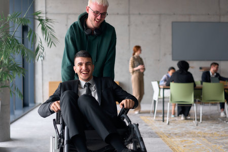Employee Entertaining Director in a Wheelchair While Rolling Through the Office with Laughter and Joy.の写真素材
