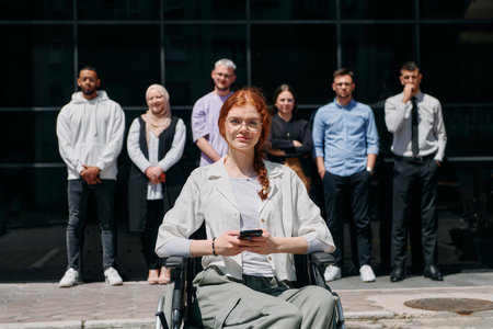 A diverse and confident group of businessmen posing together, with a businesswoman in a wheelchair radiating success, ambition, and unity, capturing the essence of a dynamic and inspiring business environmentの写真素材