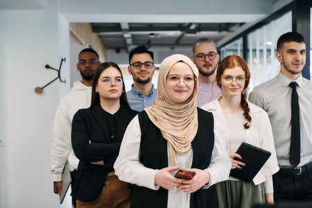 A group of business professionals standing together, taking a well-deserved break from their busy workday, showcasing camaraderie, teamwork, and a moment of relaxation in their dynamic workplaceの写真素材