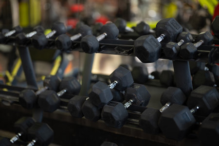 A pair of dumbbells neatly arranged in the gym, ready for a powerful workout session to build strength and enduranceの写真素材