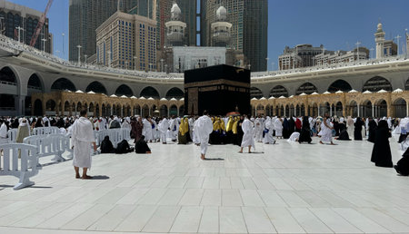 Muslim pilgrims perform Tawaf around the Kaaba after dawn prayer at Masjid al-Haram in Makkah, Saudi...