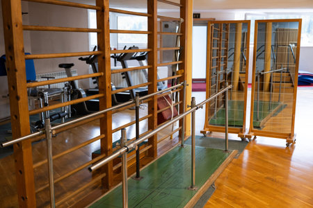 A rehabilitation and physiotherapy gym equipped with parallel bars, wall bars, and mirrors for...
