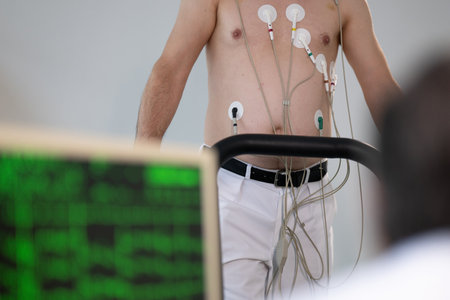 A middle-aged man is undergoing a medical stress test on a treadmill, connected to ECG electrodes for heart monitoring in a clinical environmentの写真素材