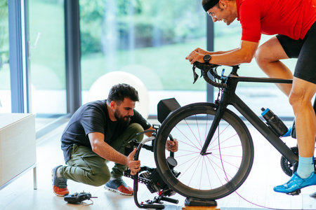 A cameraman filming an athlete riding a triathlon bike on a simulation machine in a modern living room. Training in pandemic conditionsの写真素材