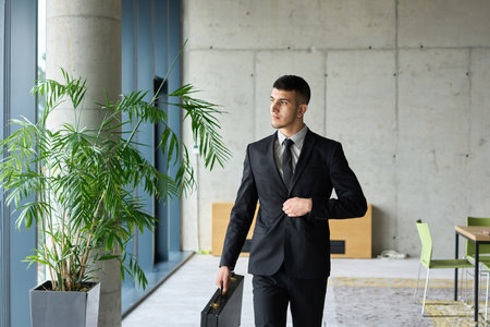 A determined businessman in a black suit confidently walks through the office, embodying professionalism and focus as he heads towards new challengesの写真素材