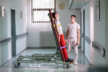 Rehabilitation with Standing Frame.Male therapist assists patient with a standing frame during a rehabilitation session in a clinical hallway. Physical recovery support concept.の写真素材