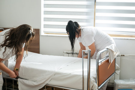 Two nurses in uniforms cleaning and organizing a hospital room by changing the bed linens and...