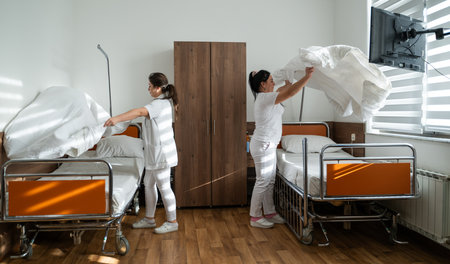 Two nurses in uniforms cleaning and organizing a hospital room by changing the bed linens and ensuring a hygienic environment for patients.の写真素材