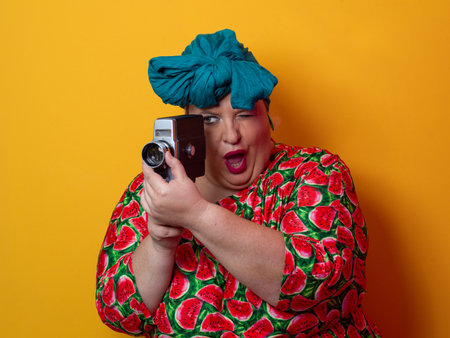 Retro plus size woman filming with vintage cameraの写真素材