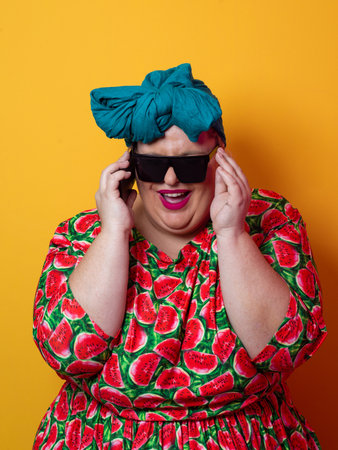 Joyful plus size woman talking on smartphone against orange backgroundの写真素材