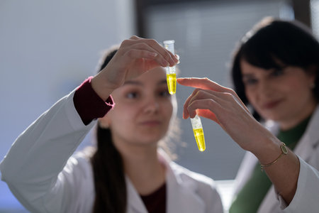 Two scientists holding test tubes with yellow liquid
