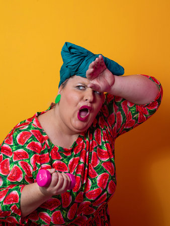 Exhausted plus size woman resting after dumbbell workout