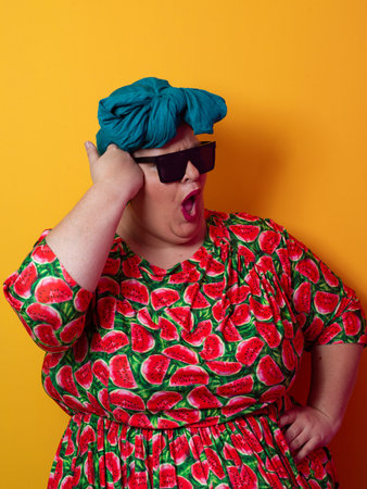 Cool plus size woman crossing arms with sunglassesの写真素材