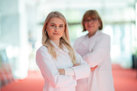 Portrait Confident young doctor with senior colleague in hospitalの写真素材