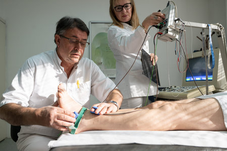 Doctors performing patient diagnostics with equipment